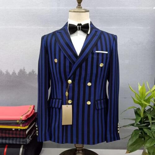 Tailor-made sky blue striped wedding suits for men double breasted slim fit Lapel bridegroom party business casual Blazer pants