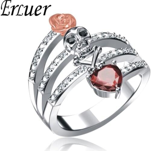 Classic Austrian Heart Shape Crystal CZ Classic Gothic Skull Rose Rings For Women Silver Plated Jewelry Punk Fashion Gifts Ring