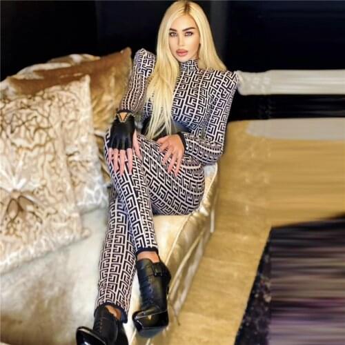 Geometric Jacquard Bandage Jumpsuits Women New Fashion Runway Long Sleeve Bodycon Club Party Outfits Sexy Tuetleneck Bodysuits