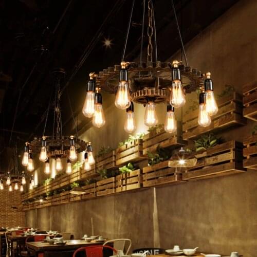 Creative loft pendant lamp vintage iron wood gear light bar study dining room living room restaurant cafe chandelier headlight