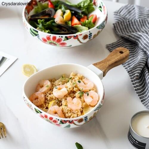 Creative Fruit Salad Plate Nordic Glaze With Handle Ceramic Western Food Bowl Pasta Bowl Snack Bowl Household Butterfly Love Flo