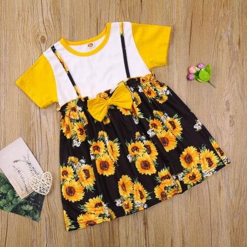 Summer Little Girls Dress Creative Sunflower Printing Splicing Bow Decoration Round Collar Short Sleeve Princess Skirt