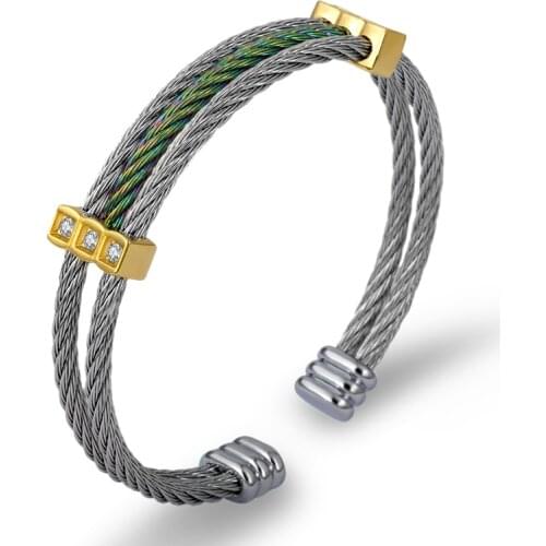 Stainless Steel Multicolor Wire Twist Cuff Bracelets Women Three Crystals Bangles For Men Punk Fashion Jewelry Wholesale