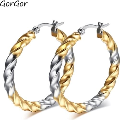 GorGor 2020 New Arrivals Simple Style Gold Color Wavy Lines Twisted Round Earrings for Fashion Women Jewelry Gift EH-052
