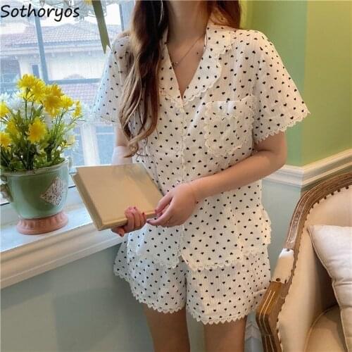 Print Women Pajama Sets Lace Pocket Sweet Summer Korean Style Single Breasted Soft Fashion Homewear Chic Patchwork Ulzzang Ins