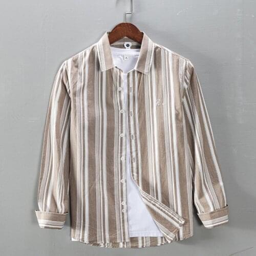 Striped Long Sleeve Shirt for Men Letter Print Pure Cotton Turn-down Collar Tops Japanese Fashion Casual Male Clothing 2021 New