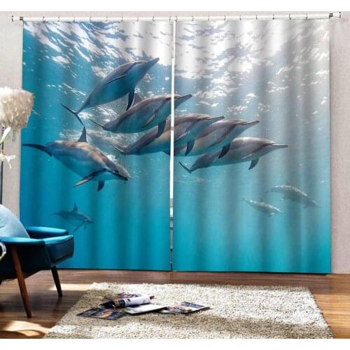 Custom Undersea world dolphins Curtain kids Childrens room Blackout Window Drapes Indoor Decor Sets (Left and Right Side)