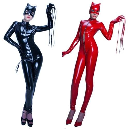 Plus Size Adult Cat Cosplay Costumes 3PCS Bodysuit +Gloves +Mask Sexy Black Red PVC Leather Catsuit Jumpsuit Halloween Costume