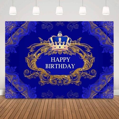 Children Happy Birthday Party Backdrop Decoration Royal Blue Texture Prince Birthday Banner Background Golden Crown Photo Shoot