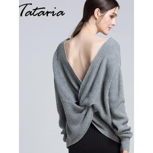 Sexy Sweater Women 2020 Spring Back Open Knitted Front Twist V neck Sweater Pullovers Female Sweater Pull Femme Hiver Woman