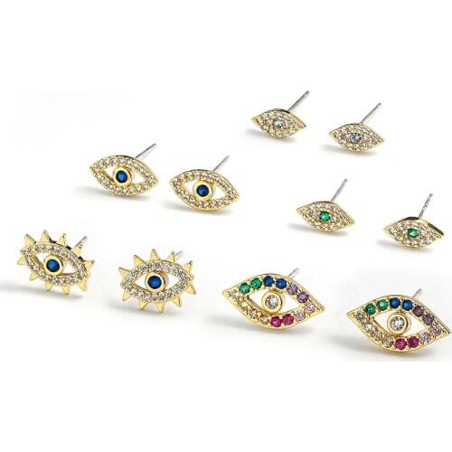 New Mini Colorful Zircon Evil Eye Stud Earrings Vintage Gold Color Copper Eye Shaped Piercing Earrings for Women Jewelry Gift