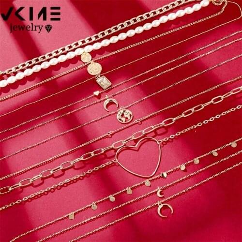 VKME vintage gold necklace women butterfly necklace jewelry chain necklace pearl Heart Moon Pendant 2020 New Party gift