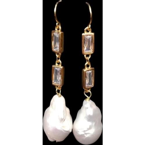 Y·YING natural Cultured White keshi Pearl Cz pave Chain Dangle Hook Earrings