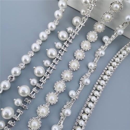 45cm/Lot Pearl Crystal Chain Manual Rhinestones Trim Ribbon Metal Chain Decoration Collar Wedding Dress Clothing Bag Accessories