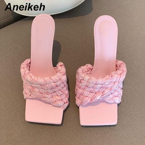 Aneikeh Fashion Open Toe Square Women Outside Shoes PU Band Weaving Concise Mid Thin Heels Ladies Slip-On Sapatos Das Mulheres
