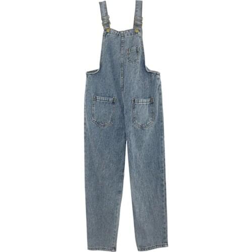 European style Women Denim Overalls High Waist Straps Jumpsuit Female Girl Loose Jeans Pants S M L FC621