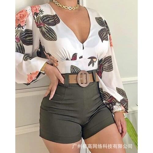 2021 Womens Slim Two-piece Suit New Suit Women Full-width Floral Long-sleeved V-neck Casual Suit Shorts