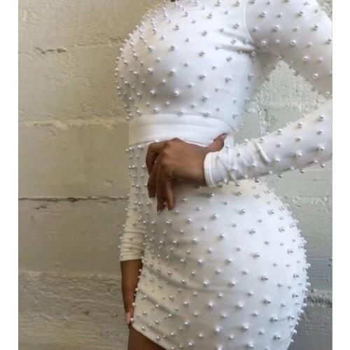 New Style Pearl Embellished Women Bandage Dress Beading Long Sleeve Round Neck Skinny Waist Mini Bodycon Party Dress
