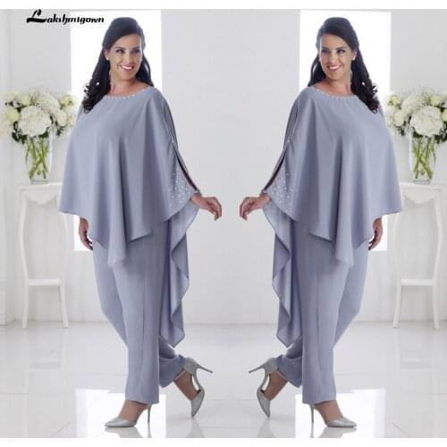 Plus Size Mother Of The Bride Pant Suits Silver Beads Floor Length Wedding Guest Dress Cheap Chiffon Formal Evening Gowns