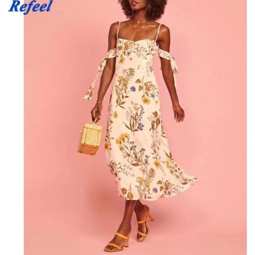 Vintage Floral Print Sexy Shoulder Off Dress Women Bow Tie Sleeve V Neck A-line Midi Holiday Summer Chiffon Dress Robe