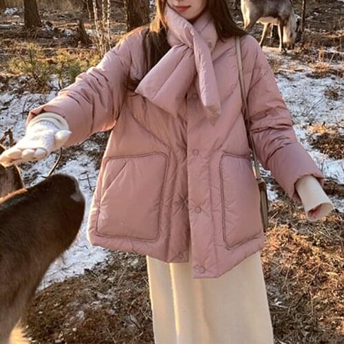 LY VAREY LIN Winter Short Scarf Warm Feather Jacket Women 90% White Duck Down Coat Loose Thick Fluffy Outwear Detachable Scarf