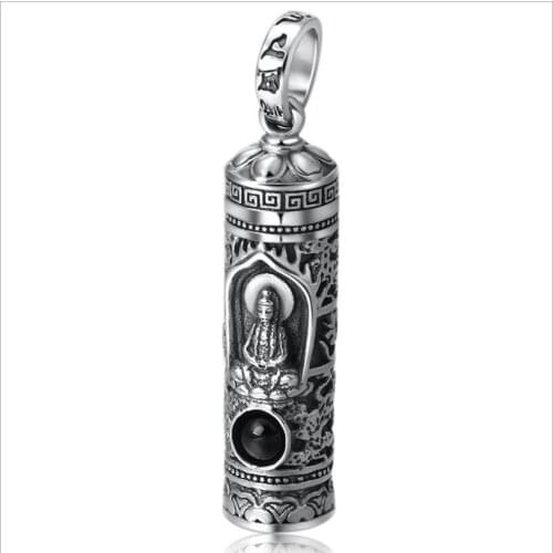 100% 925 Silver Tibetan Kuanyin Buddha Statue Pendant Necklace Buddhist Six Words Proverb Pendant Avalokitesvara Guanyin Pendant