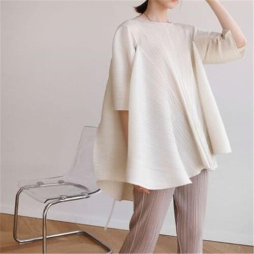 2021 summer new Miyake pleated top fat mm fashion comfortable loose large size Hepburn style personalized fashion T-shirt women