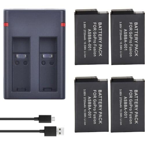 4Pc 2720mAh GoPro ASBBA-001 ASBBA 001 ASBBA001 Replacement Battery + Dual USB Charger for Gopro Fusion 360-Degree Action Camera
