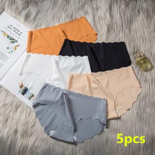 5PCS Women Ice silk non-trace ultra-thin waves panties girl underwear Pure color breathable Plus Size Low waist briefs