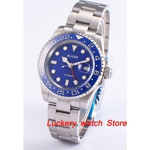 Bliger 40mm blue dial luminous saphire glass Ceramic Bezel GMT Automatic movement mens watch-BA03