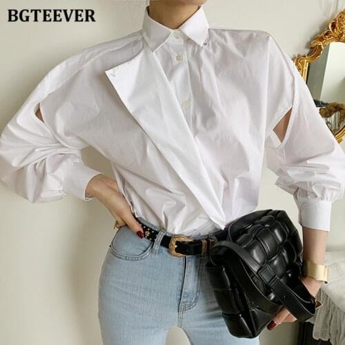 BGTEEVER Chic Turn-down Collar Women White Shirts Blouses Full Sleeve Hollow Out Female Puff-sleeve Shirts Spring Summer Blusas