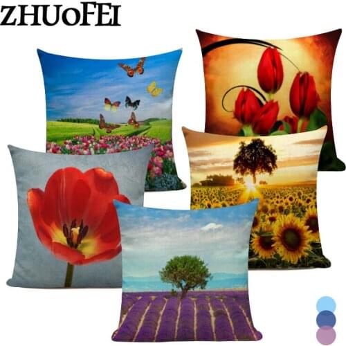 Bucolic Style Cushion Covers Sea of Flowers Decor Pillow Covers Lavender Flowers Print Pillow Case Linen Throw Pillowcase
