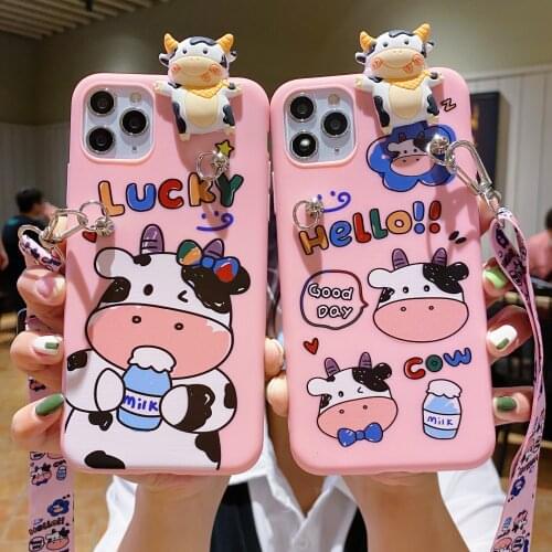 For Samsung A12 A51 A71 A10 A20 A30 A50 A6 A7 Note 10 Plus Note 9 Cartoon Cow Soft Silicone TPU Doll Stand+ Lanyard Phone Cover
