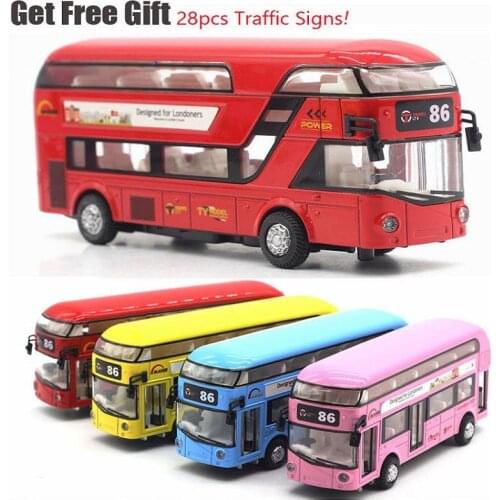 1:32 Sound And Light Metal Alloy Double-Decker Tour London City Bus Pull Back Car Kids Christmas Gift With Road Signs