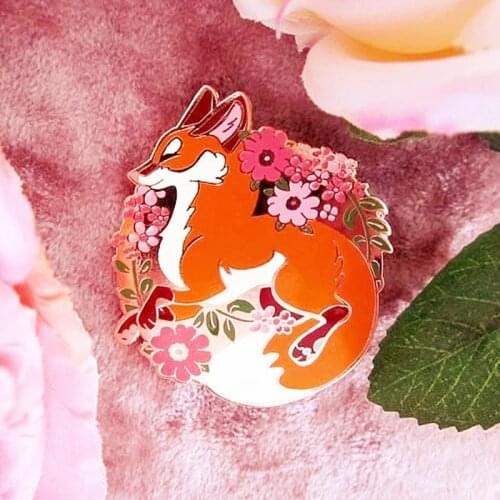 Red Fox & Flower Floral Enamel Pins Cute Cartoon Lapel Pin Jacket Jeans Badge Brooch Fashion Accessories