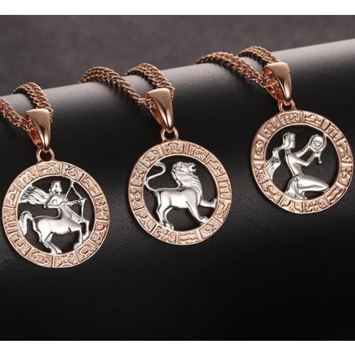FJ 12 Zodiac Sign 585 Rose Mixed White Gold Color Constellation Pendants Capricorn Gemini Jewelry