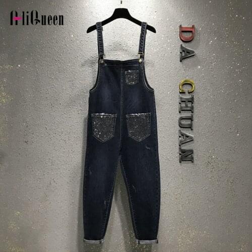 Women Loose Jean Jumpsuit Plus Size Cowboy Girl Diamonds Denim Pant Female Suspender Overalls Long Trousers Streetwear Plus Size