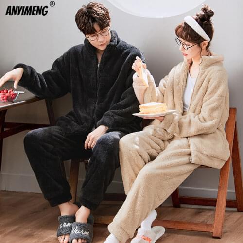 Chic Minimalist Preppy Style Solid Pajamas Set for Couple Winter Thick Pajama for Women Soft Flannel Comfortable Pijamas for Men