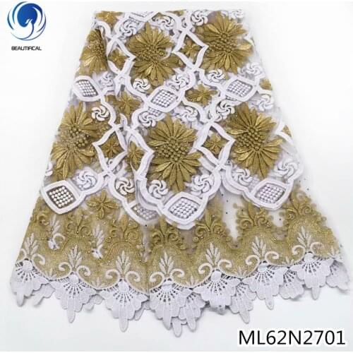 Beautifical Silk Milk Lace Fabric Gold and White French Mesh Tulle Lace 5 Yards for Wedding Dress ML62N27