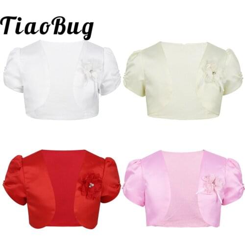 Summer Girls Short Sleeve Flower Pearls Beaded boleros Satin Cotton jacket Matching Party wraps Girls Wedding Shrug Jacket