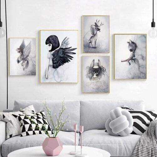 Cartoon Rabbit Deer Bird Moon Girl Animal Canvas Art Painting Nordic Fairy Tale Printed Poster Children Bedroom Wall Decoration