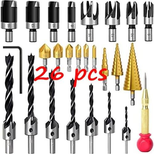 MEIGGTOOL 26PCS Countersink Drill Bit Set for Woodworking Four Different Types of Bit Plus an Automatic Punch Bit