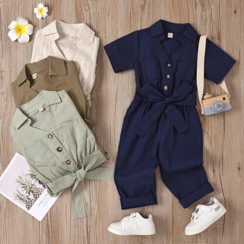 New Fashion Summer Kids Girls Formal Clothing Sets With Belt Cotton Short Sleeveless Jumpsuit Clothes Outfits Children Suits
