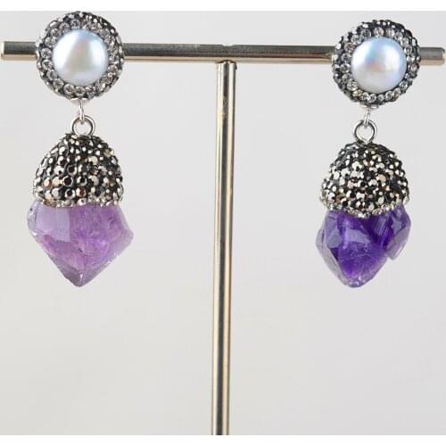 1 pair 17 x 29 MM Natural amethyst Stone With White Pearl Stud Earrings