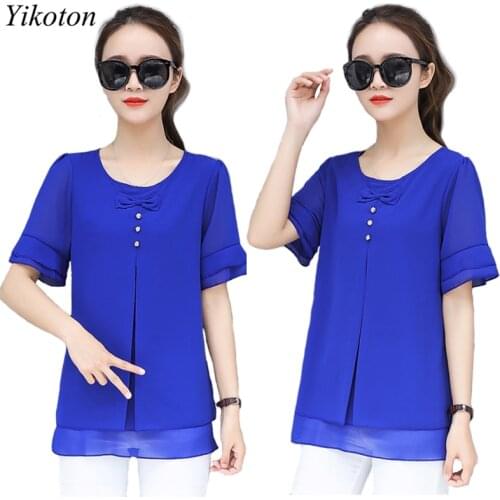 Loose Woman Top Blouses Shirts New Summer Tops Women Blouse Plus Size Casual O-Neck Petal Sleeve Chiffon Shirt Chemisiers femme