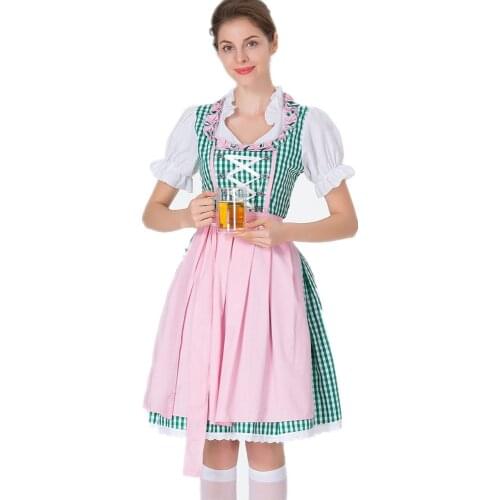 Traditional Dirndl Oktoberfest Costume Lady Bavarian National Green Plaid Clubwear Cosplay Carnival Halloween Fancy Party Dress