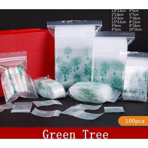 Green Tree 100pcs Small Plastic Zipper Jewelry Bag Mini Zip lock Plastic Packaging Ziplock Pill Packaging Pouches Multi-size