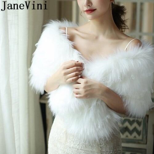 JaneVini Winter Lace White Fur Wrap Women Cape Elegant Ladies Faux Fur Bridal Shawls Jacket Stole Wedding Bolero Shoulder Cover