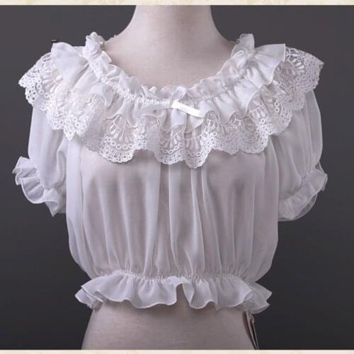 White Lace & Chiffon Ruffles O Neck Puff Sleeve Short Vintage Gothic Blouse Women Lolita Victorian Clothes Sexy Steampunk Top