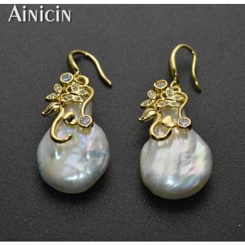 Natural Freshwater Pearl Flat Water Drop Dangle Earrings Gold Plating CZ Setting Flower Decoration Luxury Women Jewelry